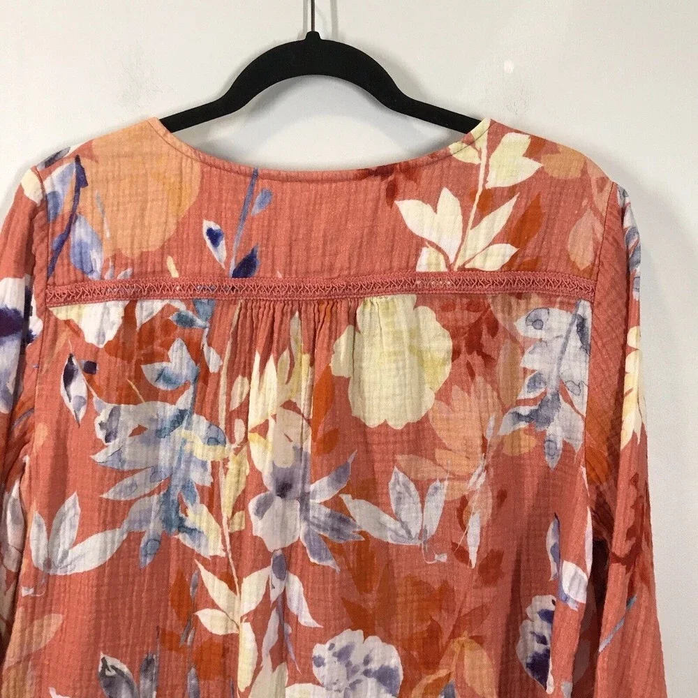 Soft Surrounding Women's Floral Peasant Top Size PL Orange 3/4 Sleeve Tassel